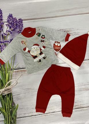 Костюмчик санта клауса новорічний костюмчик бодік штанці новорічна шапка  костюм комплект мері трійка  крісмас для дівчинки хлопчика merry christmas