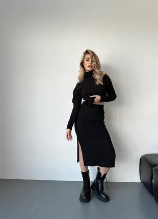 Костюм женский оверсайз свитер с воротником юбка миди на высокой посадке с разрезом по ноге качественный стильный черный графитовый