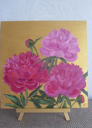 Картина розовые пионы на золотом, двп, масло3 фото