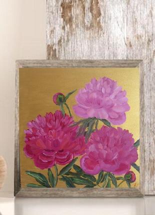 Картина розовые пионы на золотом, двп, масло6 фото
