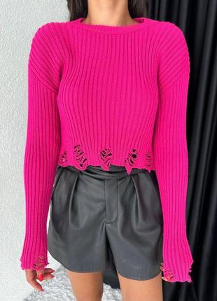 Укороченный свитер с удлиненными рукавами лонгслив с перфорацией кофта трендовая стильная теплая черная розовая белая серая голубая4 фото