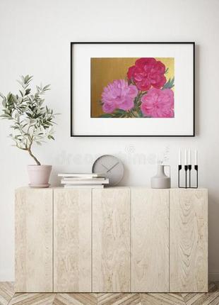 Картина розовые пионы на золотом, двп, масляные краски7 фото