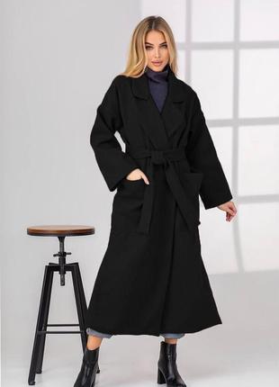 Пальто женское однотонное оверсайз с поясом качественное стильное базовое черное
