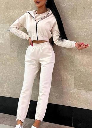Костюм спортивний жіночий оверсайз кофта на блискавці з капішоном топ штани на високій посадці якісний стильний білий