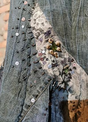 Вінтаж джинсова стрейч спідниця з мереживо, рюші бахрома бісер паєтки міді в бохо стилі хіпі4 фото