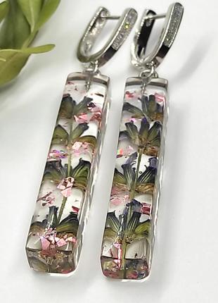 Сережки з лавандою, сережки в подарунок для дівчини, біжутерія з епоксидної смоли з квітами3 фото