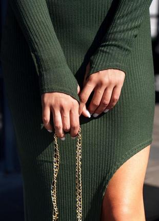 Плаття жіноче міді в рубчик із натуральної тканини, хакі10 фото