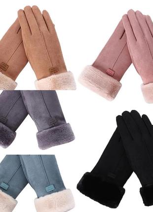 Жіночі замшеві рукавички fashion сенсор підкладка хутро чорні