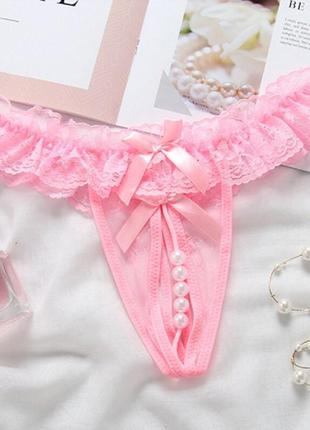 Жіночі мереживні трусики, рожевого кольору, сексуальна білизна, рожеві стринги на зав'язках