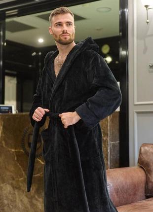 Турецкий теплый мужской домашний махровый халат на запах с карманами черного цвета ткань полированная махра3 фото