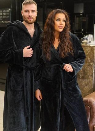 Турецкий теплый мужской домашний махровый халат на запах с карманами черного цвета ткань полированная махра5 фото