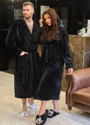 Турецкий теплый мужской домашний махровый халат на запах с карманами черного цвета ткань полированная махра6 фото