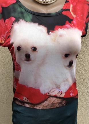 Яркая футболка,трикотаж блуза,принт собачки,стразы,хлопок7 фото