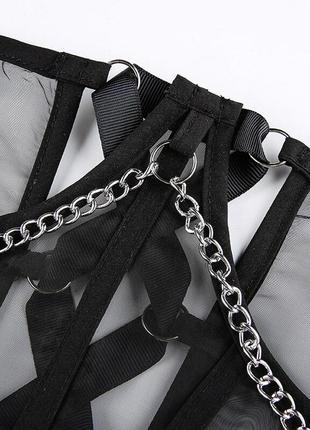 Женский бельевой корсет на талию из сетки с цепочкой, на шнуровке m\l чёрный ( 170 010 )8 фото