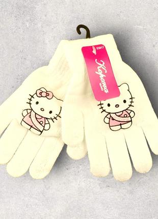 Детские перчатки с начесом hello kitty 5-7 года осень белый