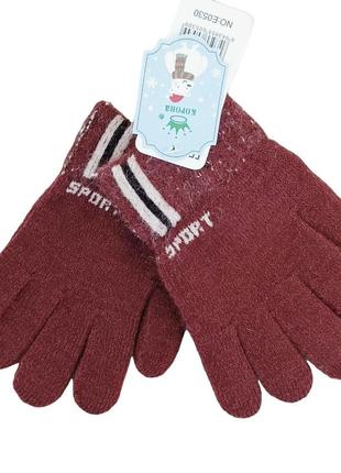 Детские перчатки шерстяные с начесом sport полоса 3-5 года осень-зима кирпичный6 фото