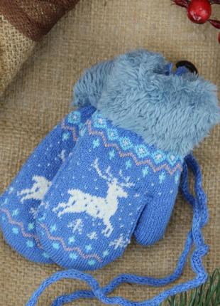 Шерстяные варежки детские с меховой подкладкой 1,5-3 года зимние голубой2 фото