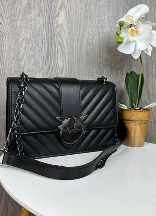 Жіноча міні сумочка клатч на плече стьобана, маленька сумка з пташками чорна нікель