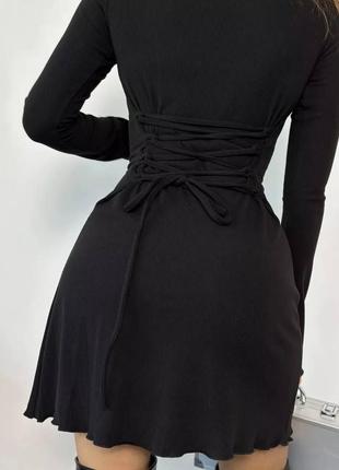 Трендовое платье из ангоры рубчик с рукавами клеш шнуровкой на спине завязками коротко приталенная свободного кроя10 фото