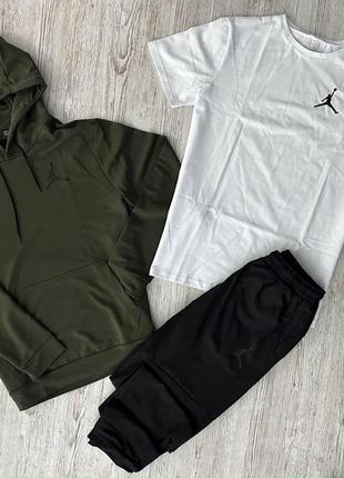 Чоловічий спортивний костюм jordan 3в1 хакі з білим  ⁇  комплект джордан худі + штани + футболка (bon)