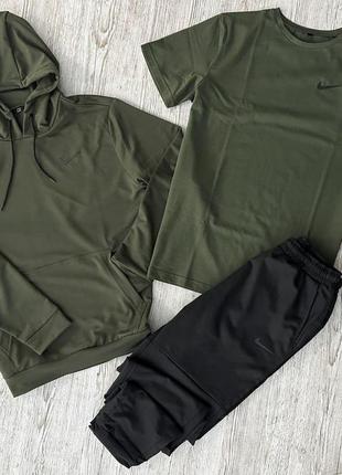 Мужской спортивный костюм nike 3в1 хаки с черным весенний осенний | комплект худи + штаны + футболка найк