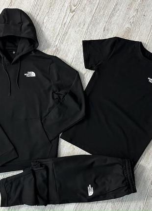 Чоловічий спортивний костюм the north face 3в1 чорний весняний  ⁇  комплект зе норт фейс худі + штани + футболка (bon)