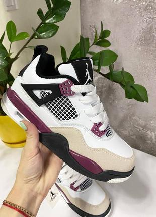 Зимові шкіряні кросівки nike air jordan retro 4. колір білий, бежевий, бордовий.