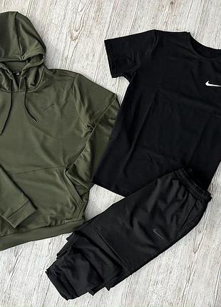 Чоловічий спортивний костюм nike 3в1 хакі з чорним весняним осіннім  ⁇  комплект худі + штани + футболка найк (bon)