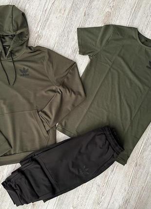 Мужской спортивный костюм adidas coleccionista 3в1 хаки с черным | комплект адидас худи + штаны + футболка (bon)2 фото