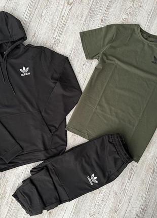 Мужской спортивный костюм adidas coleccionista 3в1 хаки с черным | комплект адидас худи + штаны + футболка (bon)5 фото