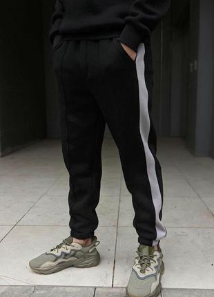 Мужской спортивный костюм зимний с лампасами double теплый черный с серым | худи и штаны на флисе (bon)4 фото