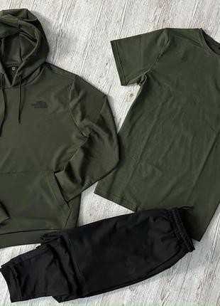 Чоловічий спортивний костюм the north face 3в1 хакі з чорним  ⁇  комплект зе норт фейс худі + штани + футболка (bon)