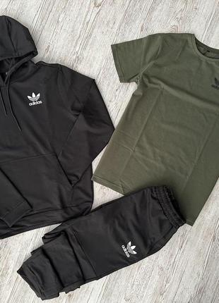 Чоловічий спортивний костюм adidas 3в1 чорний з хакі  ⁇  комплект адідас худі + штани + футболка (bon)