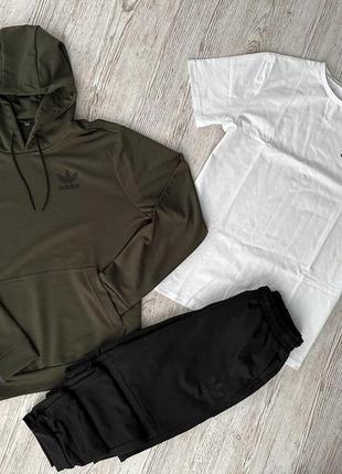 Мужской спортивный костюм adidas 3в1 хаки с белым | комплект адидас худи + штаны + футболка (bon)