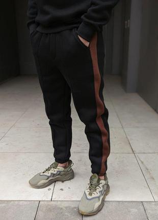 Мужской спортивный костюм зимний с лампасами double теплый черный с коричневым | худи и штаны на флисе (bon)4 фото