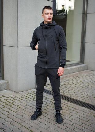 Мужской зимний спортивный костюм серый однотонный с капюшоном теплый на флисе (bon)
