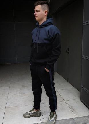 Мужской спортивный костюм зимний с лампасами double теплый черный с синим | худи и штаны на флисе (bon)