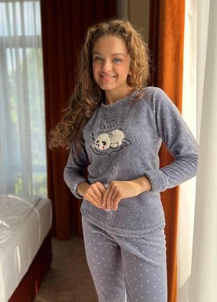 Костюм-пижама из махры+флиса на зиму/осень, одежда женская для дома, размер xl, серый