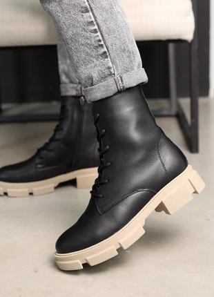 Стильные черные зимние высокие женские ботинки на массивной подошве, кожаные/кожа-женская обувь на зиму3 фото