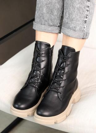 Стильные черные зимние высокие женские ботинки на массивной подошве, кожаные/кожа-женская обувь на зиму5 фото