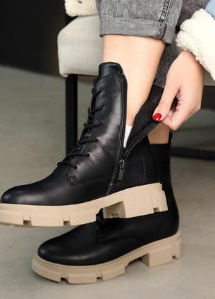 Стильные черные зимние высокие женские ботинки на массивной подошве, кожаные/кожа-женская обувь на зиму4 фото