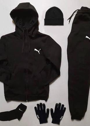 Спортивный комплект зимний черный 5в1 штаны+кофта+шапка+рукавицы+носочки