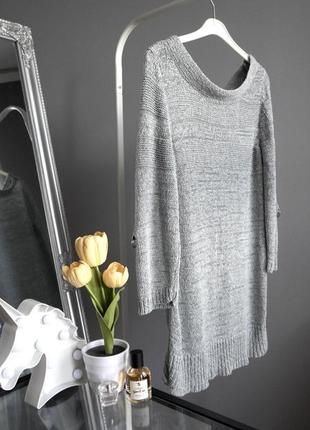 Удлиненный серый вязаный свитер - туника/платье6 фото