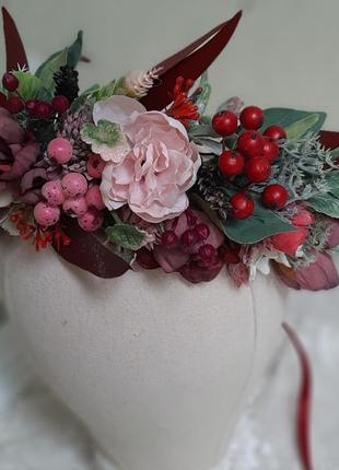 Венок украинский на голову с стабилизированым эвкалиптом. венок на голову. венок для волос