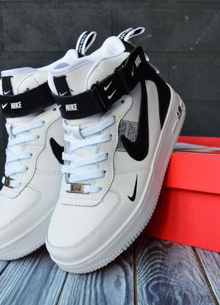 Nike air force 1 mid кросівки жіночі шкіряні зимові з хутром відмінна якість ботінки сапоги високі теплі найк форс білі з чорним