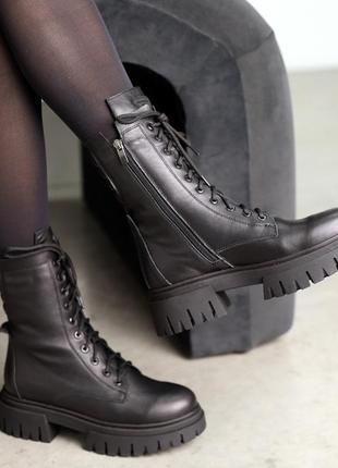 Трендовые черные зимние женские высокие ботинки,берцы,на повышенной подошве, кожаные,натуральный мех4 фото
