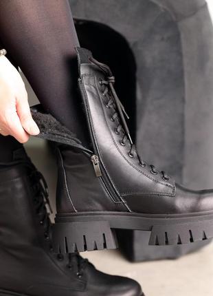 Трендовые черные зимние женские высокие ботинки,берцы,на повышенной подошве, кожаные,натуральный мех5 фото