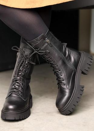 Трендовые черные зимние женские высокие ботинки,берцы,на повышенной подошве, кожаные,натуральный мех3 фото