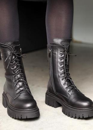 Трендовые черные зимние женские высокие ботинки,берцы,на повышенной подошве, кожаные,натуральный мех2 фото