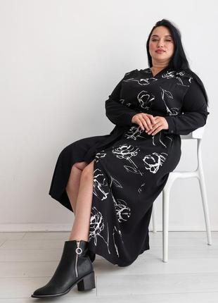 Демисезонное платье миди фрей длины штапельное с поясом 42-56 размеры черный10 фото